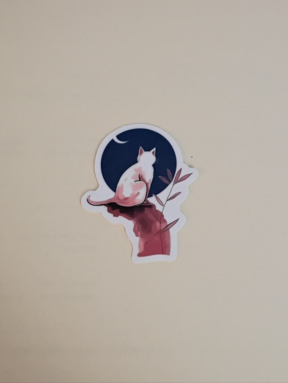 10/$10 Stickers Decal - White Cat Under Blue Sky & Crescent Moon